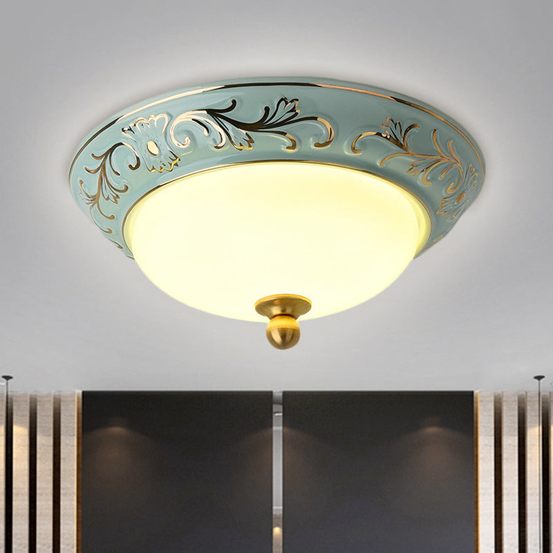 12"/14" W Blue LED Flush Mount Lodge Style Frosted Glass Bowl Shape Ceiling Lighting in Warm/White Light Clearhalo 'Ceiling Lights' 'Close To Ceiling Lights' 'Close to ceiling' 'Flush mount' Lighting' 1598333