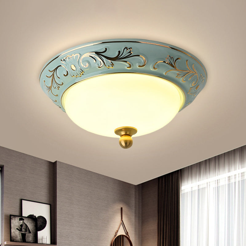 12"/14" W Blue LED Flush Mount Lodge Style Frosted Glass Bowl Shape Ceiling Lighting in Warm/White Light Clearhalo 'Ceiling Lights' 'Close To Ceiling Lights' 'Close to ceiling' 'Flush mount' Lighting' 1598334