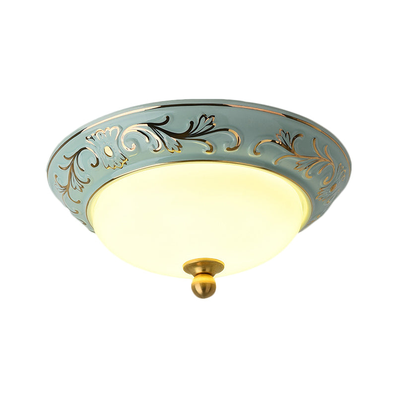 12"/14" W Blue LED Flush Mount Lodge Style Frosted Glass Bowl Shape Ceiling Lighting in Warm/White Light Clearhalo 'Ceiling Lights' 'Close To Ceiling Lights' 'Close to ceiling' 'Flush mount' Lighting' 1598335