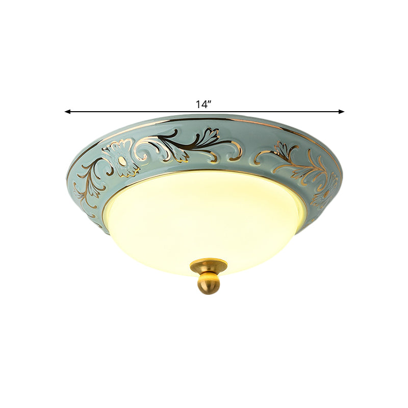 12"/14" W Blue LED Flush Mount Lodge Style Frosted Glass Bowl Shape Ceiling Lighting in Warm/White Light Clearhalo 'Ceiling Lights' 'Close To Ceiling Lights' 'Close to ceiling' 'Flush mount' Lighting' 1598336
