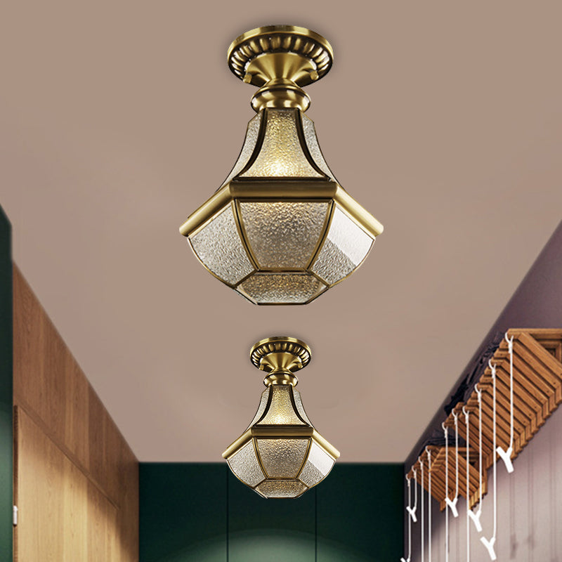 Farmhouse Bell Ceiling Lighting 1-Light Ripple Glass Flush Mount Fixture in Brass for Hallway