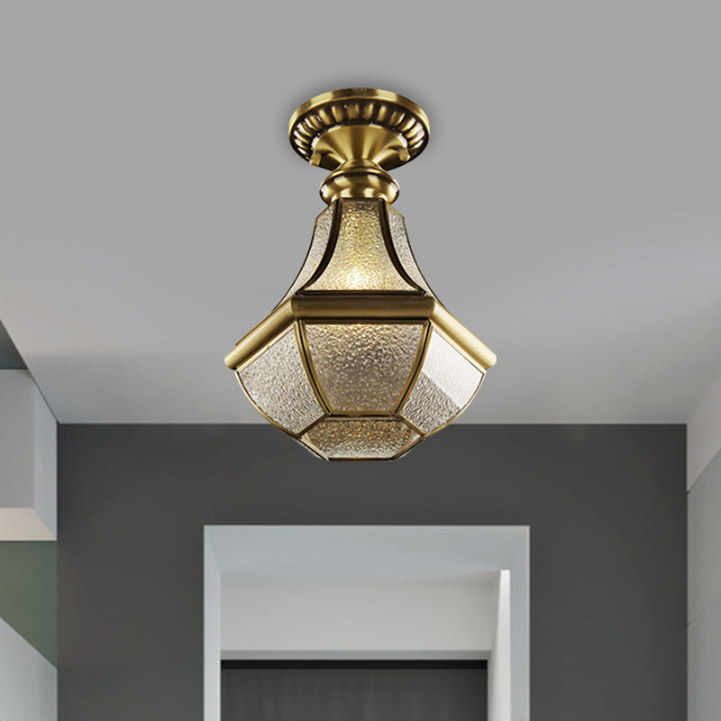 Farmhouse Bell Ceiling Lighting 1-Light Ripple Glass Flush Mount Fixture in Brass for Hallway