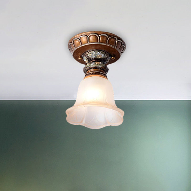 Single Head Floral Flush Light Retro Style White Opaline Glass Ceiling Fixture with Carving Pattern Clearhalo 'Ceiling Lights' 'Close To Ceiling Lights' 'Close to ceiling' 'Flush mount' Lighting' 1598350