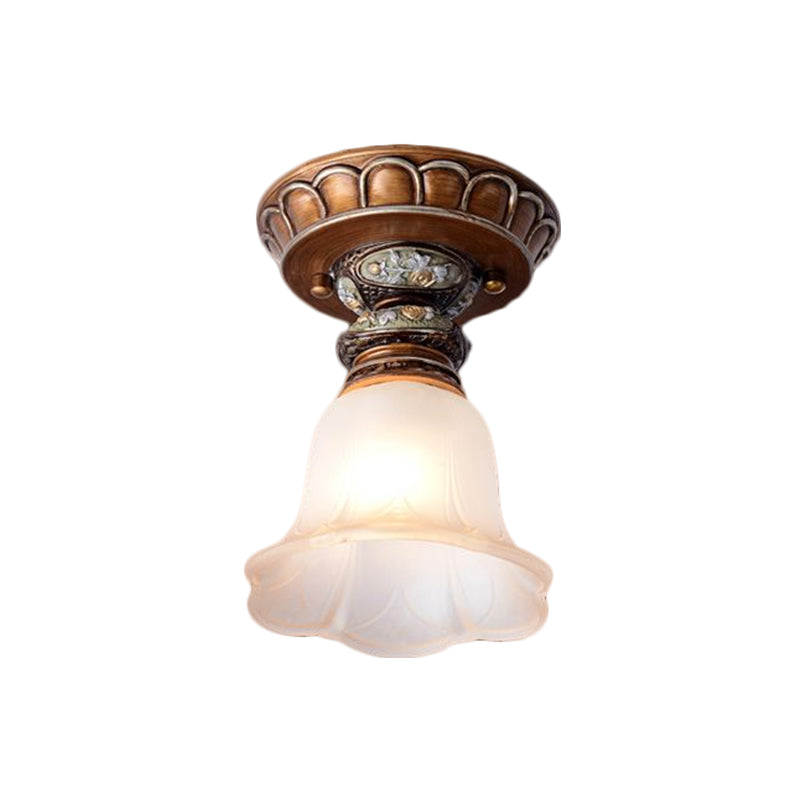 Single Head Floral Flush Light Retro Style White Opaline Glass Ceiling Fixture with Carving Pattern Clearhalo 'Ceiling Lights' 'Close To Ceiling Lights' 'Close to ceiling' 'Flush mount' Lighting' 1598351