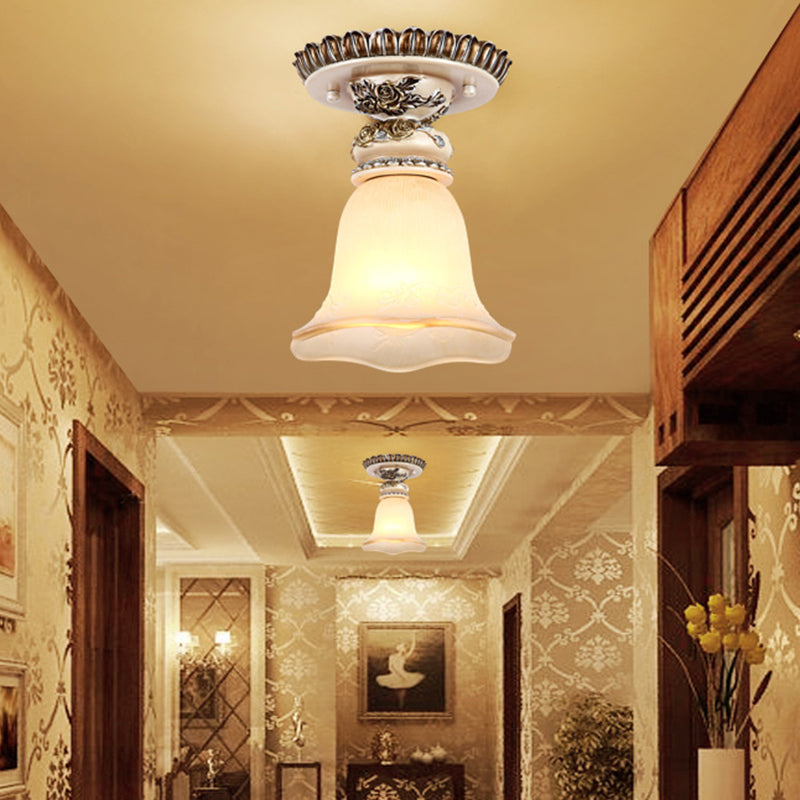 Single Head Floral Flush Light Retro Style White Opaline Glass Ceiling Fixture with Carving Pattern Brown Clearhalo 'Ceiling Lights' 'Close To Ceiling Lights' 'Close to ceiling' 'Flush mount' Lighting' 1598353