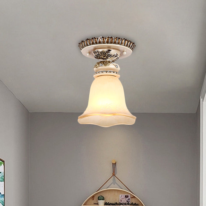 Single Head Floral Flush Light Retro Style White Opaline Glass Ceiling Fixture with Carving Pattern Clearhalo 'Ceiling Lights' 'Close To Ceiling Lights' 'Close to ceiling' 'Flush mount' Lighting' 1598354