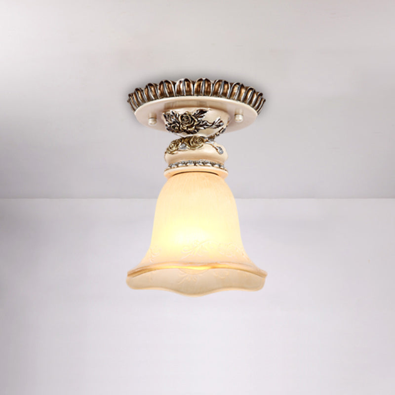 Single Head Floral Flush Light Retro Style White Opaline Glass Ceiling Fixture with Carving Pattern Clearhalo 'Ceiling Lights' 'Close To Ceiling Lights' 'Close to ceiling' 'Flush mount' Lighting' 1598355