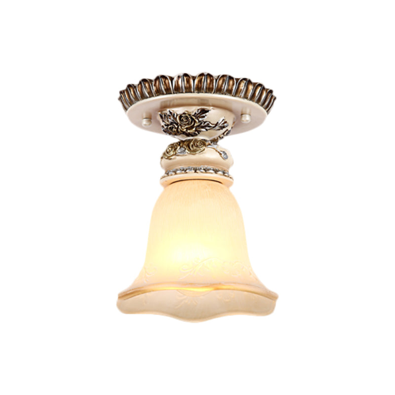 Single Head Floral Flush Light Retro Style White Opaline Glass Ceiling Fixture with Carving Pattern Clearhalo 'Ceiling Lights' 'Close To Ceiling Lights' 'Close to ceiling' 'Flush mount' Lighting' 1598356