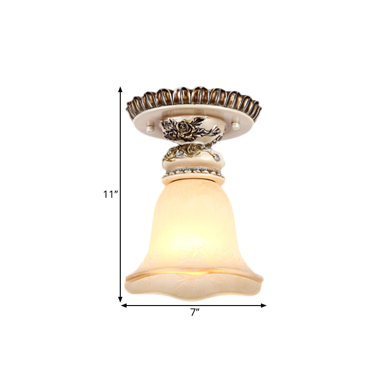 Single Head Floral Flush Light Retro Style White Opaline Glass Ceiling Fixture with Carving Pattern Clearhalo 'Ceiling Lights' 'Close To Ceiling Lights' 'Close to ceiling' 'Flush mount' Lighting' 1598357