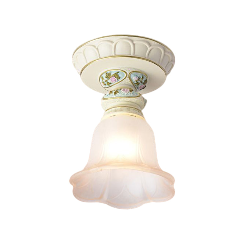 Single Head Floral Flush Light Retro Style White Opaline Glass Ceiling Fixture with Carving Pattern Clearhalo 'Ceiling Lights' 'Close To Ceiling Lights' 'Close to ceiling' 'Flush mount' Lighting' 1598361