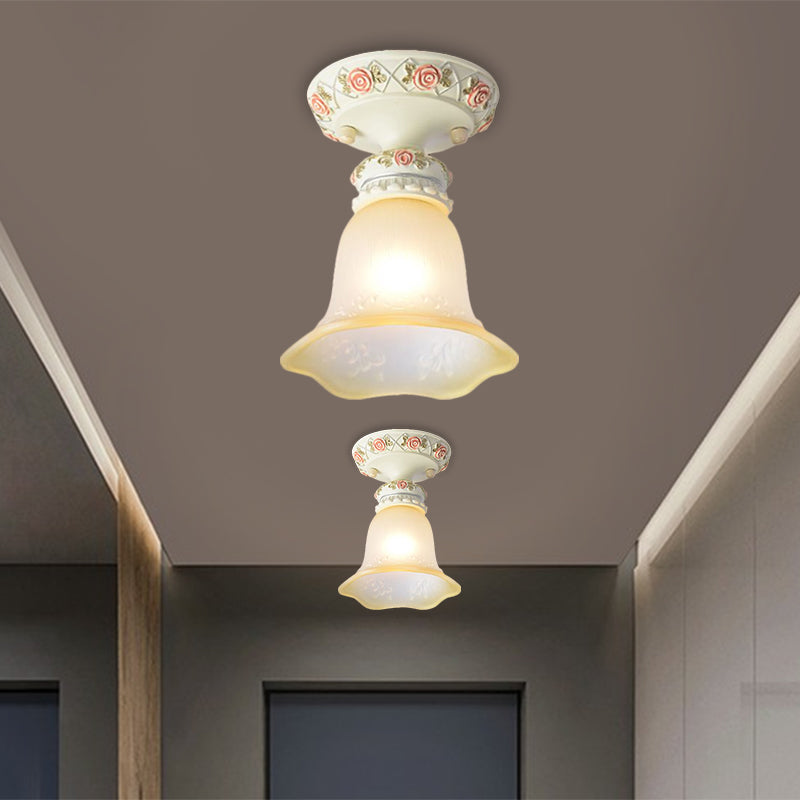 Single Head Floral Flush Light Retro Style White Opaline Glass Ceiling Fixture with Carving Pattern Clearhalo 'Ceiling Lights' 'Close To Ceiling Lights' 'Close to ceiling' 'Flush mount' Lighting' 1598365