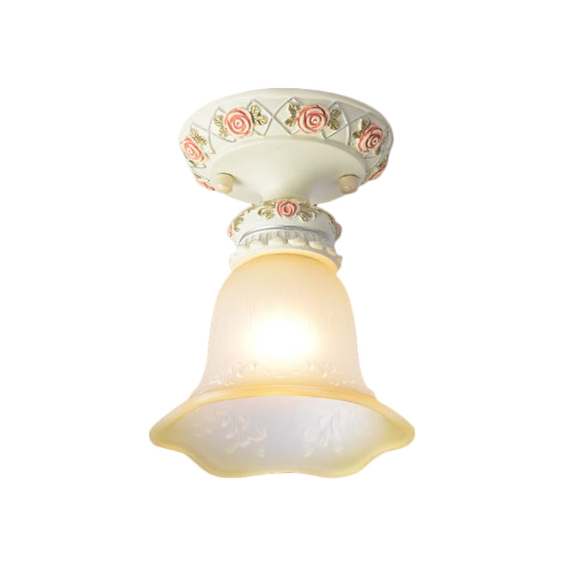 Single Head Floral Flush Light Retro Style White Opaline Glass Ceiling Fixture with Carving Pattern Clearhalo 'Ceiling Lights' 'Close To Ceiling Lights' 'Close to ceiling' 'Flush mount' Lighting' 1598366
