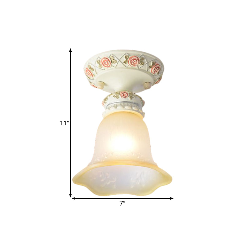 Single Head Floral Flush Light Retro Style White Opaline Glass Ceiling Fixture with Carving Pattern Clearhalo 'Ceiling Lights' 'Close To Ceiling Lights' 'Close to ceiling' 'Flush mount' Lighting' 1598367