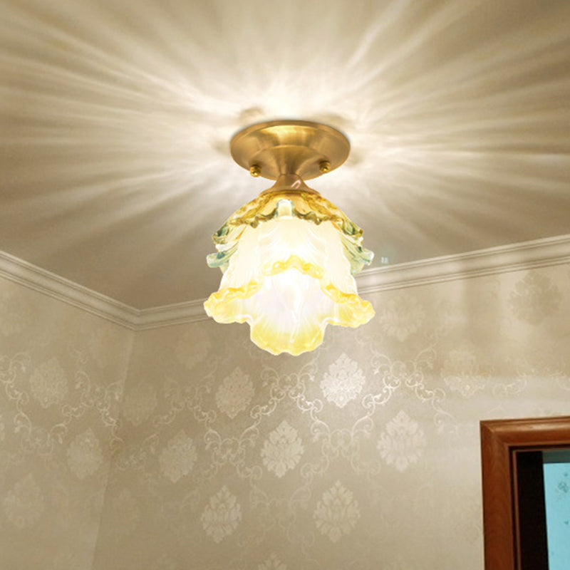Ruffle Bloom Corridor Ceiling Fixture Warehouse Colorful Ribbed Glass 1-Head Brass Flush Mount Lighting Brass Clearhalo 'Ceiling Lights' 'Close To Ceiling Lights' 'Close to ceiling' 'Flush mount' Lighting' 1598368