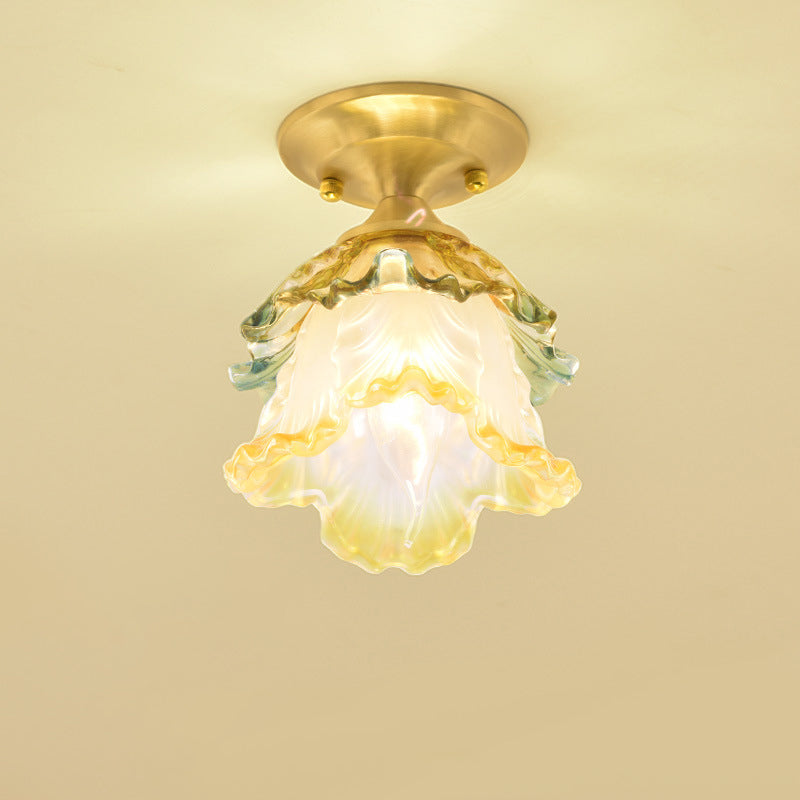 Ruffle Bloom Corridor Ceiling Fixture Warehouse Colorful Ribbed Glass 1-Head Brass Flush Mount Lighting Clearhalo 'Ceiling Lights' 'Close To Ceiling Lights' 'Close to ceiling' 'Flush mount' Lighting' 1598369