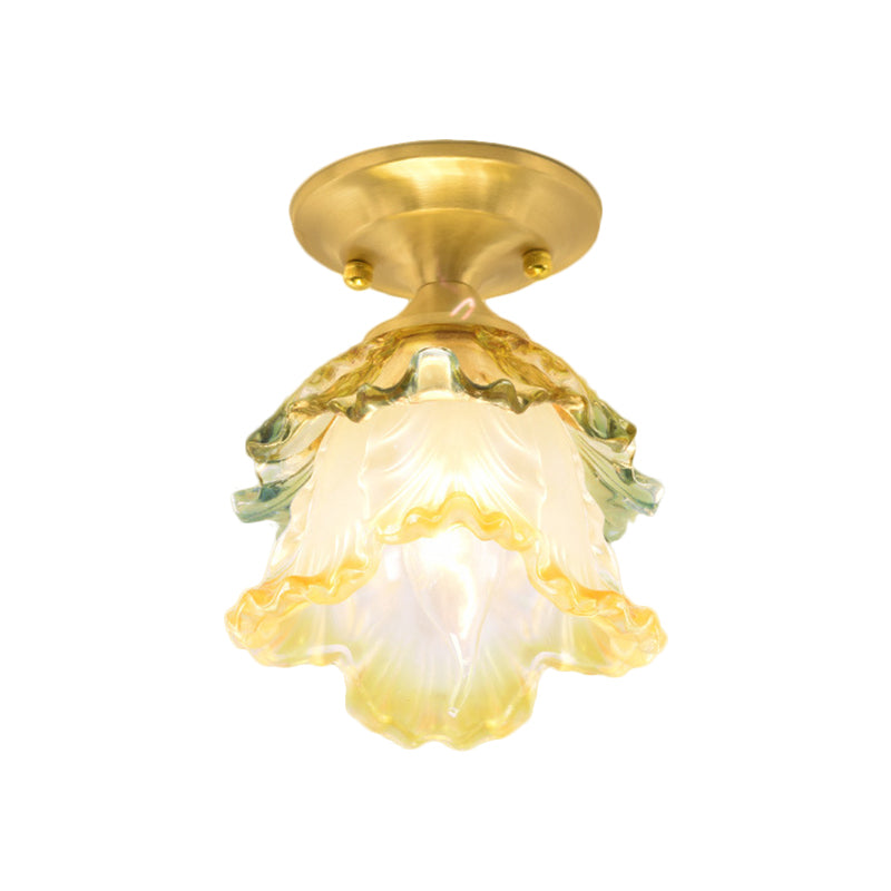 Ruffle Bloom Corridor Ceiling Fixture Warehouse Colorful Ribbed Glass 1-Head Brass Flush Mount Lighting Clearhalo 'Ceiling Lights' 'Close To Ceiling Lights' 'Close to ceiling' 'Flush mount' Lighting' 1598370
