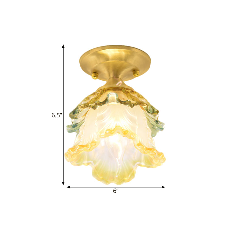 Ruffle Bloom Corridor Ceiling Fixture Warehouse Colorful Ribbed Glass 1-Head Brass Flush Mount Lighting Clearhalo 'Ceiling Lights' 'Close To Ceiling Lights' 'Close to ceiling' 'Flush mount' Lighting' 1598371