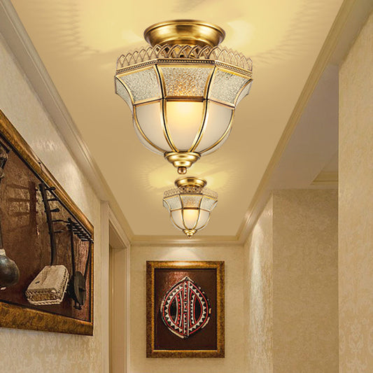 Brass Single Head Ceiling Lamp Cottage Crackle and Milky Glass Inverted Bell Semi Mount Lighting Brass Clearhalo 'Ceiling Lights' 'Close To Ceiling Lights' 'Close to ceiling' 'Glass shade' 'Glass' 'Semi-flushmount' Lighting' 1598372
