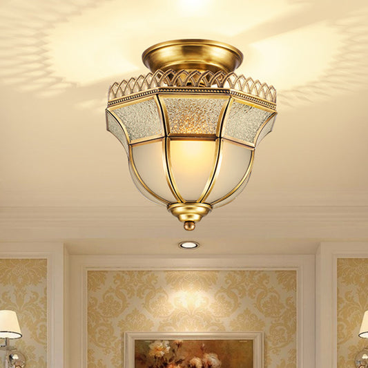 Brass Single Head Ceiling Lamp Cottage Crackle and Milky Glass Inverted Bell Semi Mount Lighting Clearhalo 'Ceiling Lights' 'Close To Ceiling Lights' 'Close to ceiling' 'Glass shade' 'Glass' 'Semi-flushmount' Lighting' 1598373