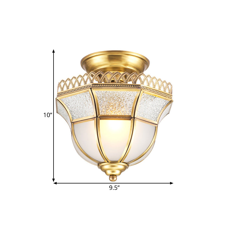 Brass Single Head Ceiling Lamp Cottage Crackle and Milky Glass Inverted Bell Semi Mount Lighting