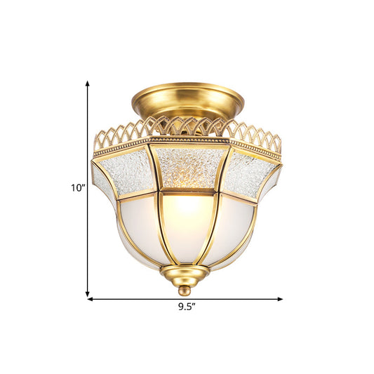 Brass Single Head Ceiling Lamp Cottage Crackle and Milky Glass Inverted Bell Semi Mount Lighting Clearhalo 'Ceiling Lights' 'Close To Ceiling Lights' 'Close to ceiling' 'Glass shade' 'Glass' 'Semi-flushmount' Lighting' 1598375