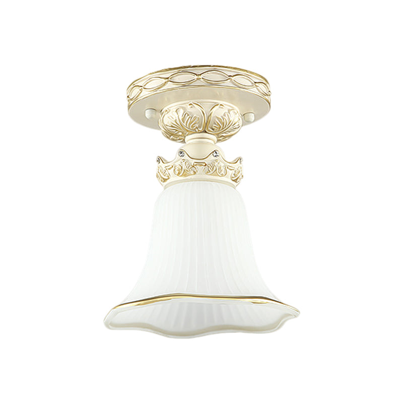 White 1 Head Flush Mount Light Vintage Milky Glass Ridged Flower Ceiling Fixture with Crown Design White Clearhalo 'Ceiling Lights' 'Close To Ceiling Lights' 'Close to ceiling' 'Flush mount' Lighting' 1598384