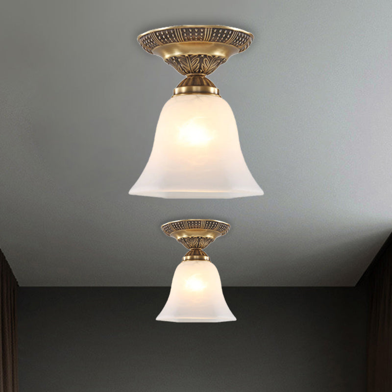 Frosted Glass Brass Flush Mount Fixture Bell Shape Single Head Country Ceiling Mounted Light