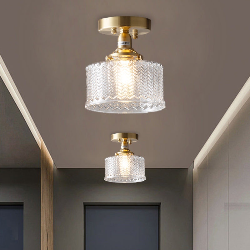 Drum Corridor Semi Flush Traditional Clear Prismatic Glass Single Bulb Brass Ceiling Mounted Fixture Brass Clearhalo 'Ceiling Lights' 'Close To Ceiling Lights' 'Close to ceiling' 'Glass shade' 'Glass' 'Semi-flushmount' Lighting' 1598517