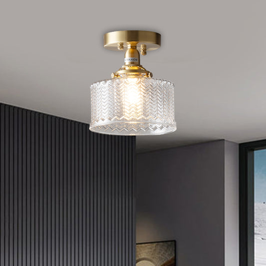 Drum Corridor Semi Flush Traditional Clear Prismatic Glass Single Bulb Brass Ceiling Mounted Fixture Clearhalo 'Ceiling Lights' 'Close To Ceiling Lights' 'Close to ceiling' 'Glass shade' 'Glass' 'Semi-flushmount' Lighting' 1598518