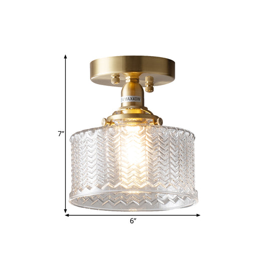 Drum Corridor Semi Flush Traditional Clear Prismatic Glass Single Bulb Brass Ceiling Mounted Fixture Clearhalo 'Ceiling Lights' 'Close To Ceiling Lights' 'Close to ceiling' 'Glass shade' 'Glass' 'Semi-flushmount' Lighting' 1598520