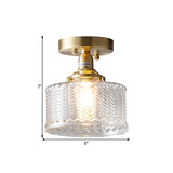 Drum Corridor Semi Flush Traditional Clear Prismatic Glass Single Bulb Brass Ceiling Mounted Fixture Clearhalo 'Ceiling Lights' 'Close To Ceiling Lights' 'Close to ceiling' 'Glass shade' 'Glass' 'Semi-flushmount' Lighting' 1598520