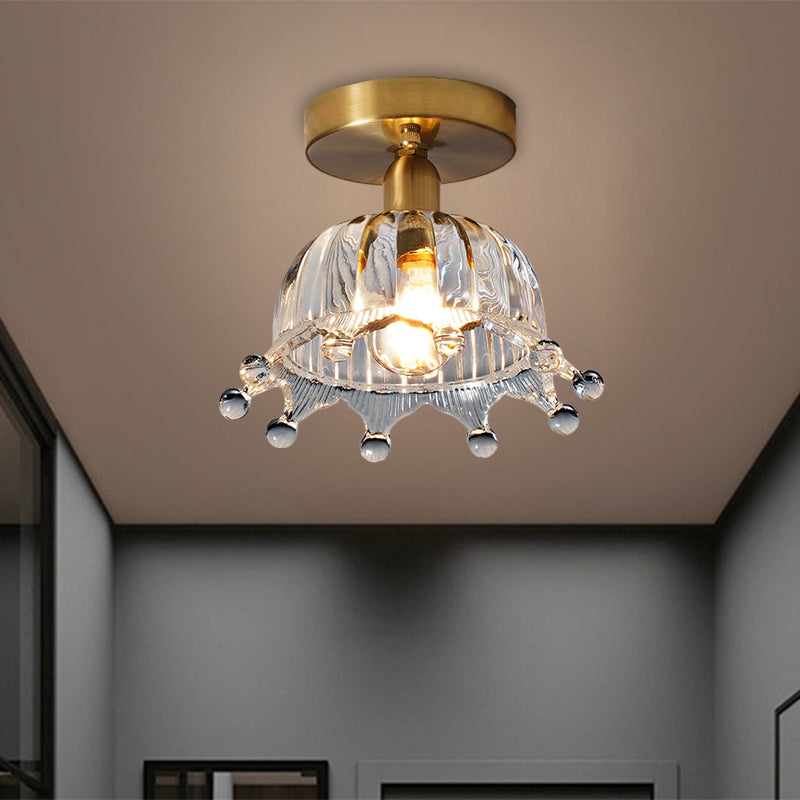 Clear Fluted Glass Brass Semi Mount Inverted Crown Single Bulb Antiqued Close to Ceiling Light - Brass - Clearhalo - 'Ceiling Lights' - 'Close To Ceiling Lights' - 'Close to ceiling' - 'Glass shade' - 'Glass' - 'Pendant Lights' - 'Semi-flushmount' - Lighting' - 1598525