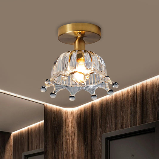 Clear Fluted Glass Brass Semi Mount Inverted Crown Single Bulb Antiqued Close to Ceiling Light Clearhalo 'Ceiling Lights' 'Close To Ceiling Lights' 'Close to ceiling' 'Glass shade' 'Glass' 'Pendant Lights' 'Semi-flushmount' Lighting' 1598526