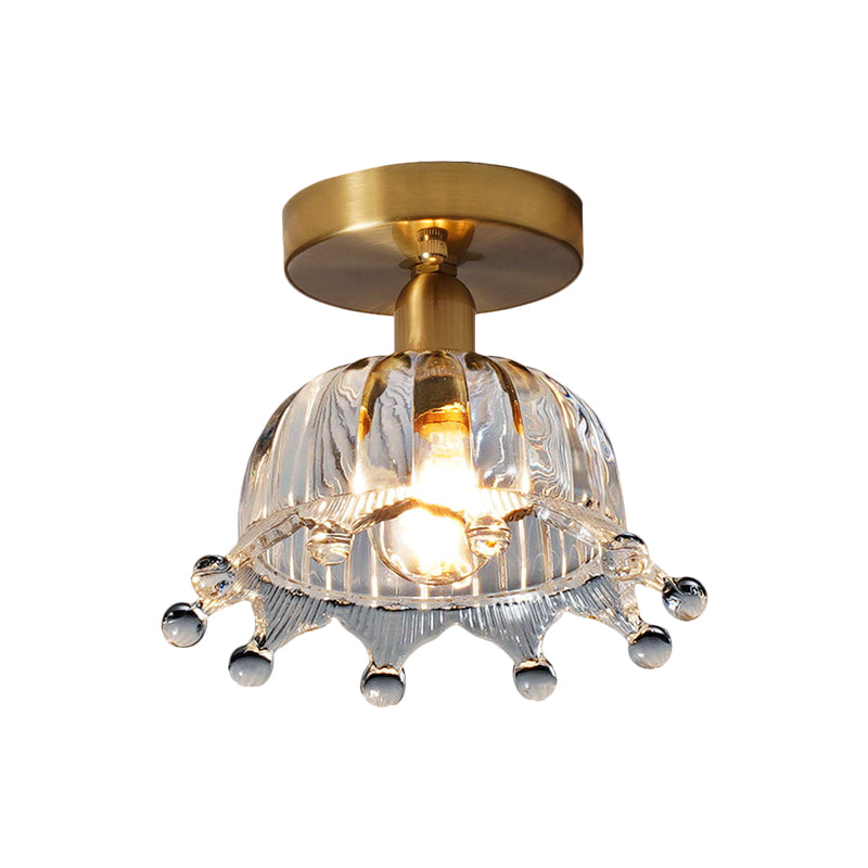 Clear Fluted Glass Brass Semi Mount Inverted Crown Single Bulb Antiqued Close to Ceiling Light - Clearhalo - 'Ceiling Lights' - 'Close To Ceiling Lights' - 'Close to ceiling' - 'Glass shade' - 'Glass' - 'Pendant Lights' - 'Semi-flushmount' - Lighting' - 1598527