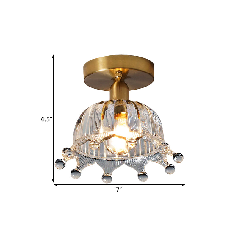 Clear Fluted Glass Brass Semi Mount Inverted Crown Single Bulb Antiqued Close to Ceiling Light - Clearhalo - 'Ceiling Lights' - 'Close To Ceiling Lights' - 'Close to ceiling' - 'Glass shade' - 'Glass' - 'Pendant Lights' - 'Semi-flushmount' - Lighting' - 1598528