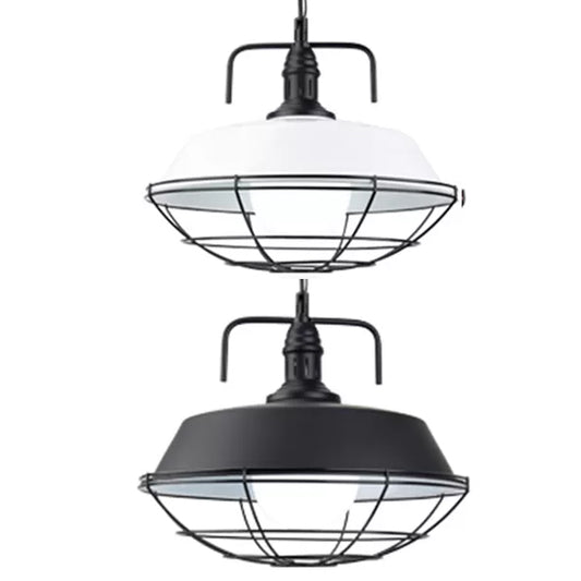 Metal Barn Pendant Light Fixture Industrial 14"/18" W 1 Light Living Room Hanging Lamp with Cage in Black/White Clearhalo 'Art Deco Pendants' 'Black' 'Cast Iron' 'Ceiling Lights' 'Ceramic' 'Crystal' 'Industrial Pendants' 'Industrial' 'Metal' 'Middle Century Pendants' 'Pendant Lights' 'Pendants' 'Rustic Pendants' 'Tiffany' Lighting' 15985