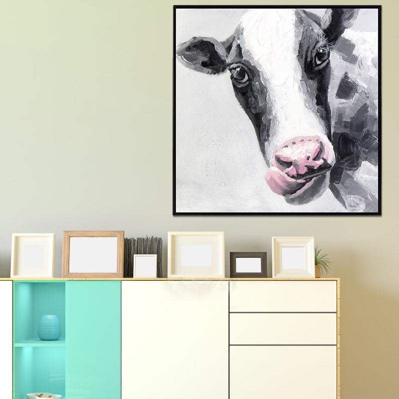 Textured Cow Painting Modern Canvas Wall Art in Black and White for Bedroom Clearhalo 'Art Gallery' 'Canvas Art' 'Contemporary Art Gallery' 'Modern' Arts' 1598686