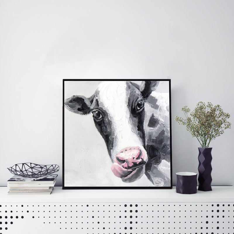 Textured Cow Painting Modern Canvas Wall Art in Black and White for Bedroom Clearhalo 'Art Gallery' 'Canvas Art' 'Contemporary Art Gallery' 'Modern' Arts' 1598687