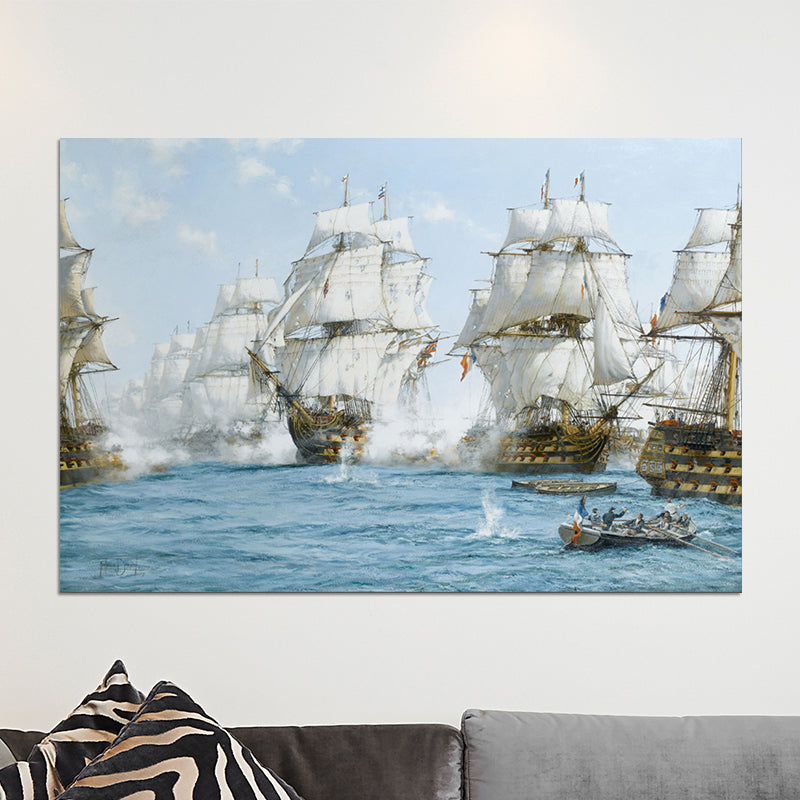 Battle with Pirates Art Print White and Blue Classical Wall Decor for Home Gallery White Clearhalo 'Art Gallery' 'Canvas Art' 'Contemporary Art Gallery' 'Modern' Arts' 1598712