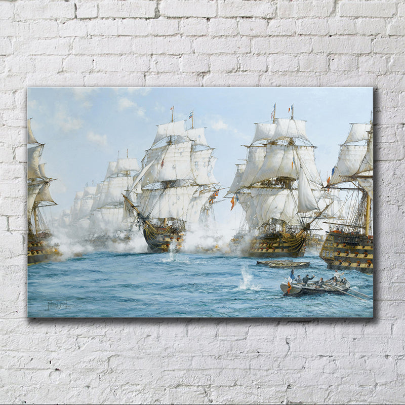 Battle with Pirates Art Print White and Blue Classical Wall Decor for Home Gallery Clearhalo 'Art Gallery' 'Canvas Art' 'Contemporary Art Gallery' 'Modern' Arts' 1598714