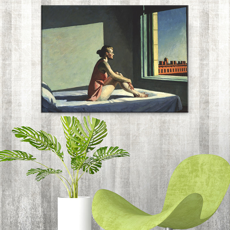 Red Edward Hopper Painting Woman on Bed Looking Out to Window Modern Textured Wall Art Clearhalo 'Art Gallery' 'Canvas Art' 'Contemporary Art Gallery' 'Modern' Arts' 1598721