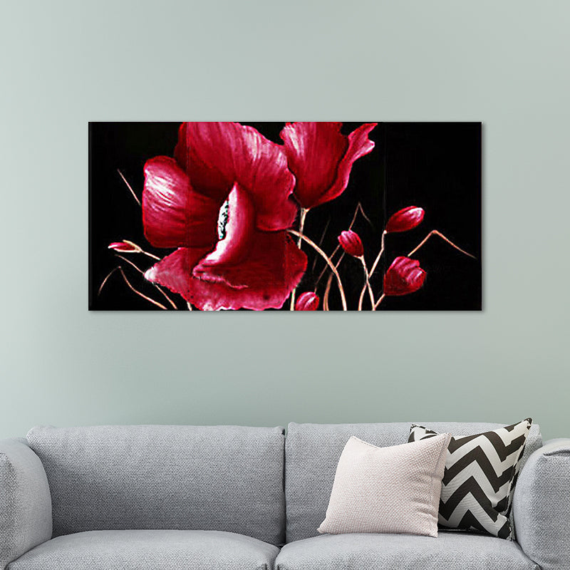 Modern Flower and Bud Painting in Red Textured Canvas Wall Art for Girls Bedroom Clearhalo 'Art Gallery' 'Canvas Art' 'Contemporary Art Gallery' 'Modern' Arts' 1598736