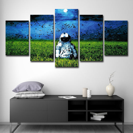 Sci-Fi Spaceman Canvas Art Green and Blue Moon Night Scenery Wall Decor, Multi-Piece Clearhalo 'Art Gallery' 'Canvas Art' 'Contemporary Art Gallery' 'Modern' Arts' 1598745