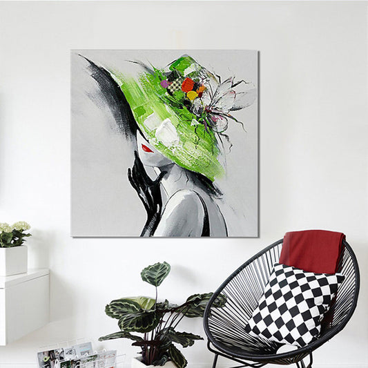 Elegant Lady with Hat Canvas Wall Art for Girls Bedroom, Green and Grey, Textured Green 24" x 24" Clearhalo 'Art Gallery' 'Canvas Art' 'Contemporary Art Gallery' 'Modern' Arts' 1598786