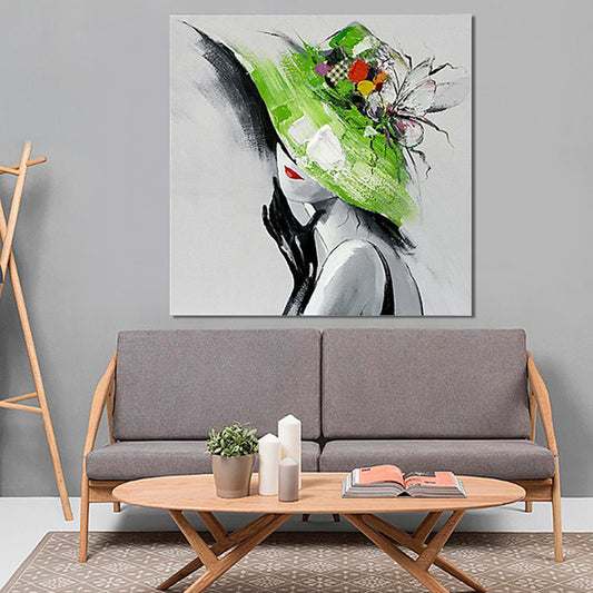 Elegant Lady with Hat Canvas Wall Art for Girls Bedroom, Green and Grey, Textured Clearhalo 'Art Gallery' 'Canvas Art' 'Contemporary Art Gallery' 'Modern' Arts' 1598787