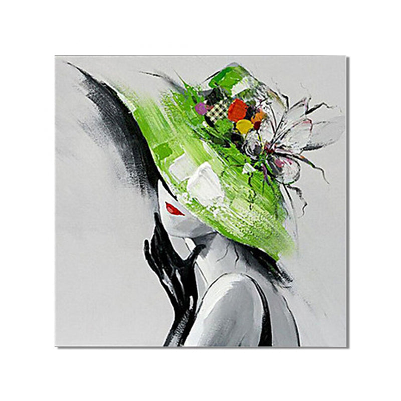 Elegant Lady with Hat Canvas Wall Art for Girls Bedroom, Green and Grey, Textured Clearhalo 'Art Gallery' 'Canvas Art' 'Contemporary Art Gallery' 'Modern' Arts' 1598789