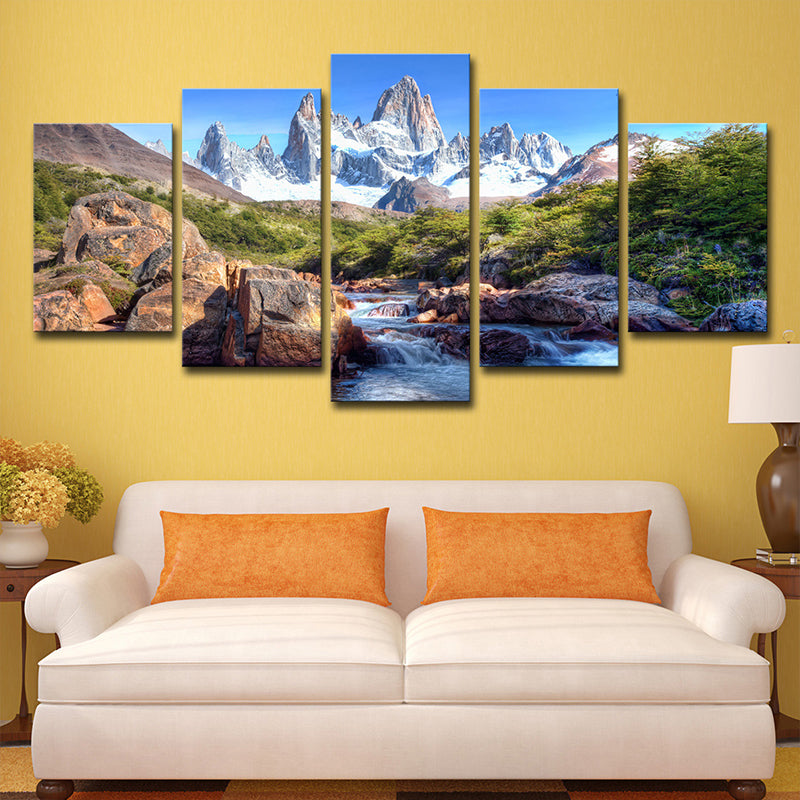 Stream from Snow Mountain Canvas Print Modern Multi-Piece Living Room Wall Art in Blue Blue Clearhalo 'Art Gallery' 'Canvas Art' 'Contemporary Art Gallery' 'Modern' Arts' 1598798