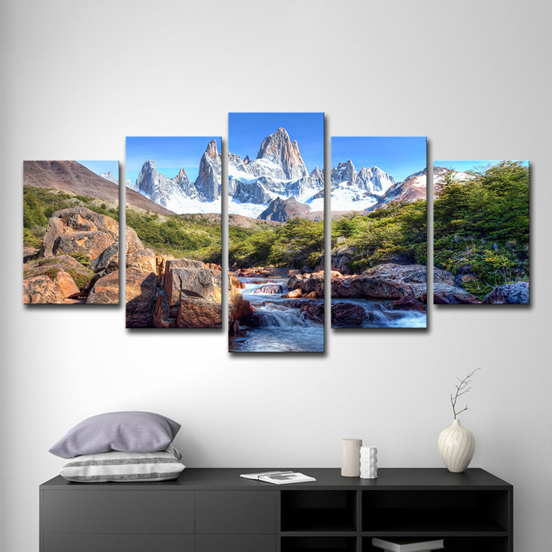 Stream from Snow Mountain Canvas Print Modern Multi-Piece Living Room Wall Art in Blue Clearhalo 'Art Gallery' 'Canvas Art' 'Contemporary Art Gallery' 'Modern' Arts' 1598799