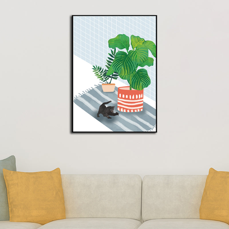 Pet and Pot Plant Canvas Art Textured Kids Style Living Room Wall Decor in Light Color Clearhalo 'Art Gallery' 'Canvas Art' 'Kids' Arts' 1598832