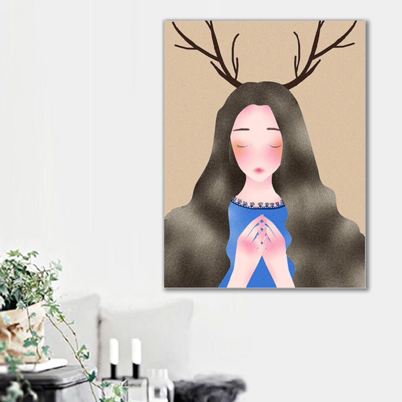 Fantasy Deer Girl Canvas Wall Art Cartoon Textured Surface Wall Decor for Dining Room Clearhalo 'Art Gallery' 'Canvas Art' 'Kids' Arts' 1598858